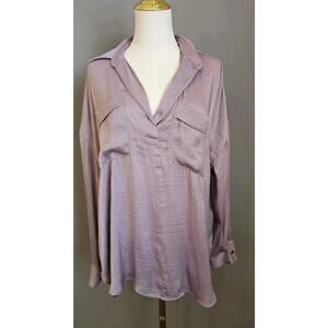 Free People Long Sleeve Lavender Purple Collared Pocket Oversized Blouse XS Boho
